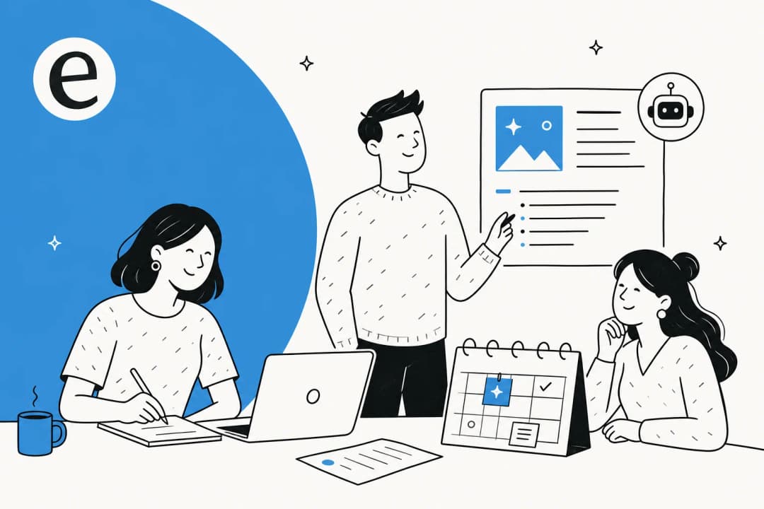 Hero illustration of a SaaS content workspace with an editorial calendar, draft outline, and AI-assisted writing surface coming together