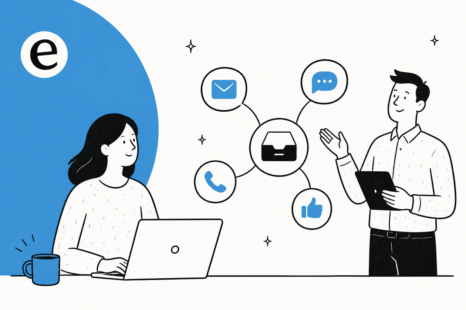 Illustration of a customer conversation flowing across email, chat, and social channels into one unified view