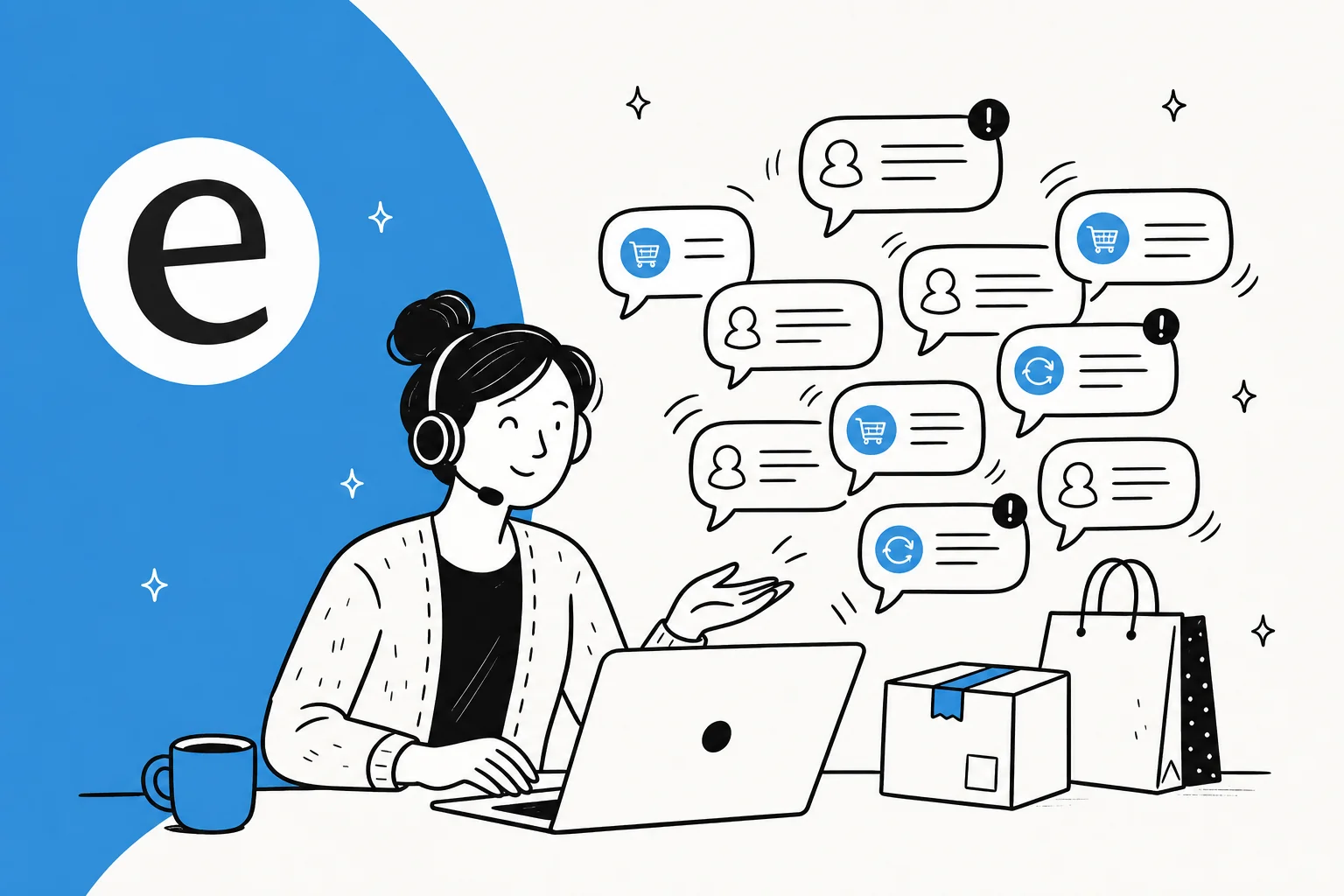 Support agent at a laptop surrounded by a flood of Black Friday customer message bubbles