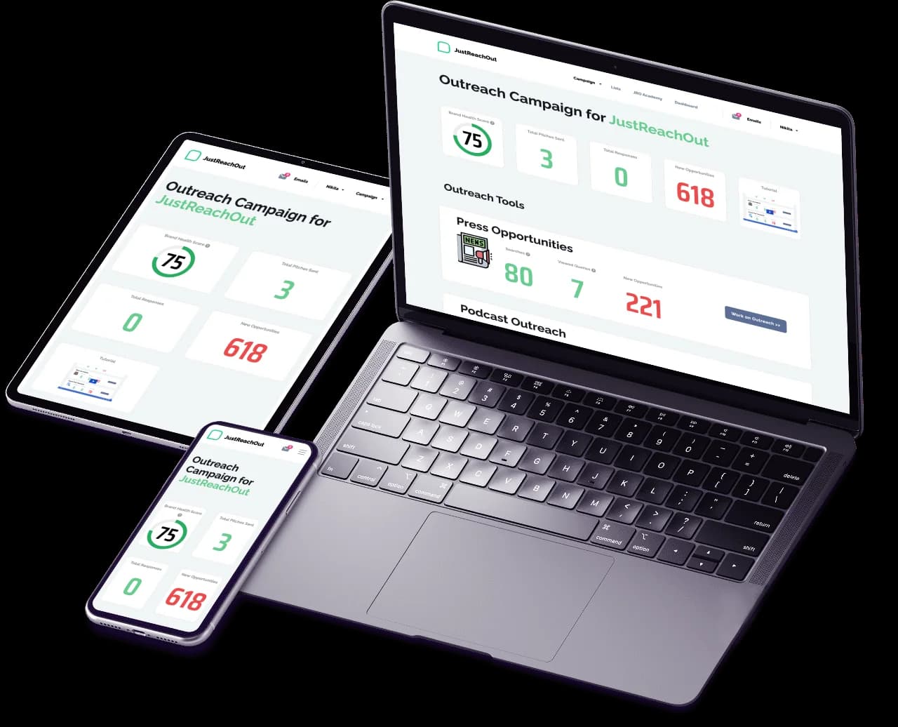 JustReachOut homepage hero showing the platform on multiple devices, as taken from JustReachOut