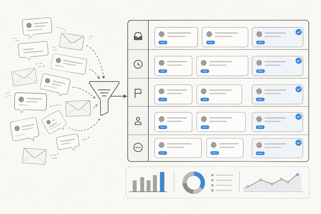 Illustration of incoming customer messages funneling into organized, labeled ticket lanes