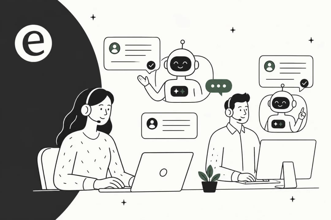 Illustration of support agents working alongside AI helpers handling tickets and chats