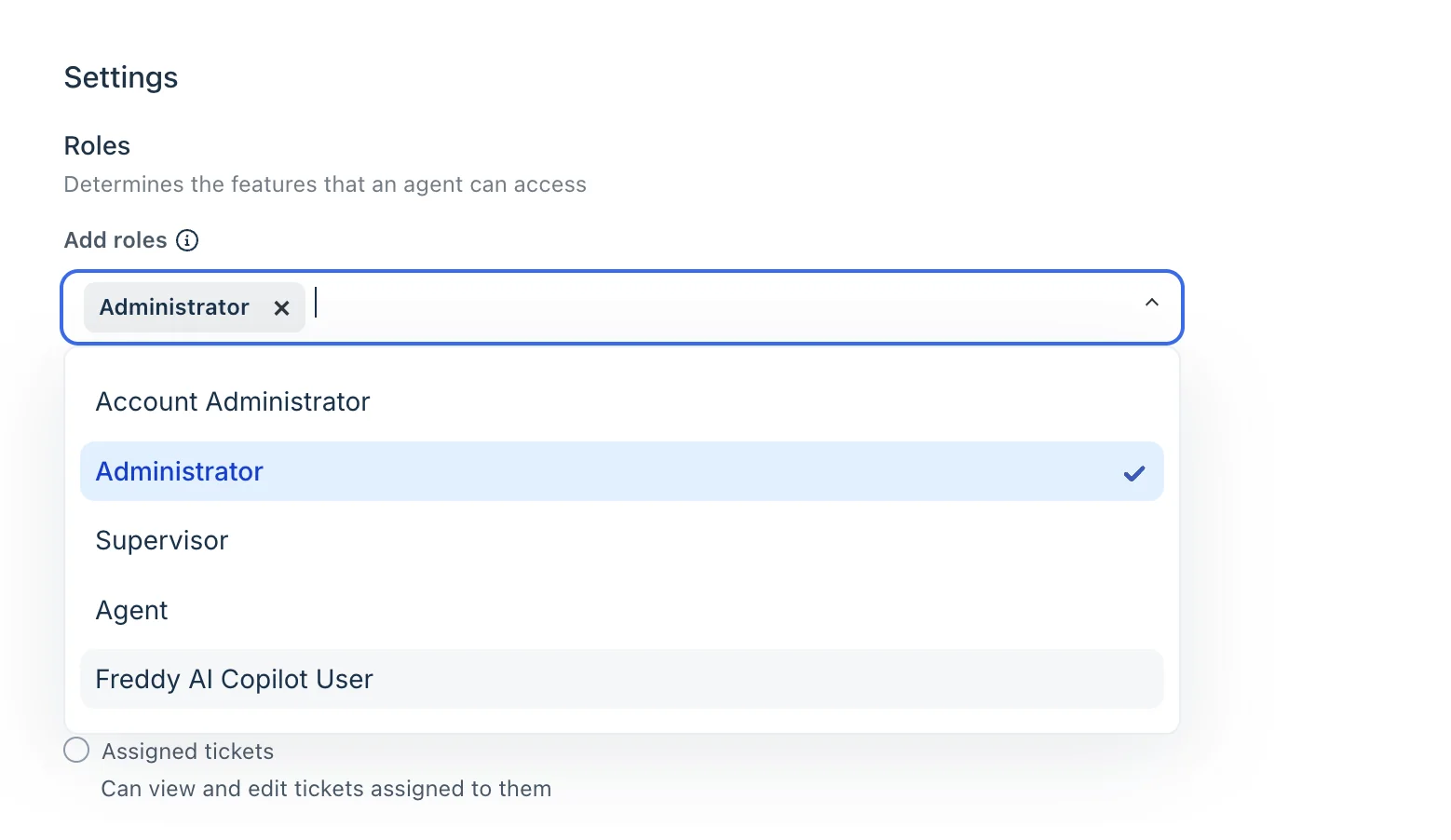 Editing a single agent to add the Freddy AI Copilot User role, as taken from Freshdesk support