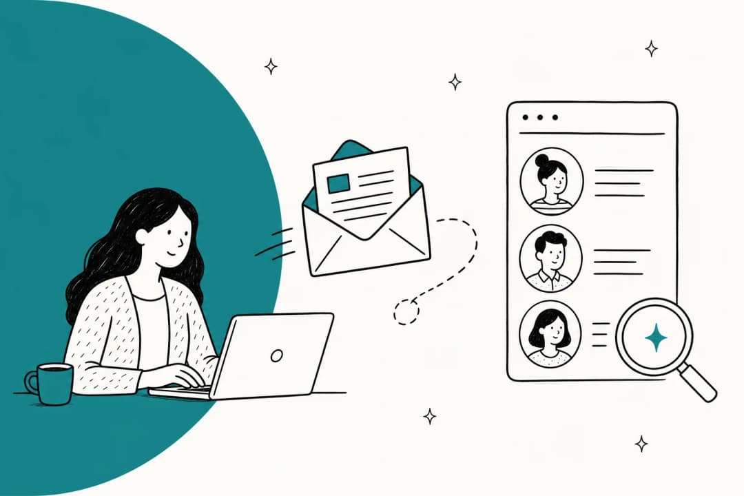 Illustration of an outreach email and a contact list, representing blogger outreach software