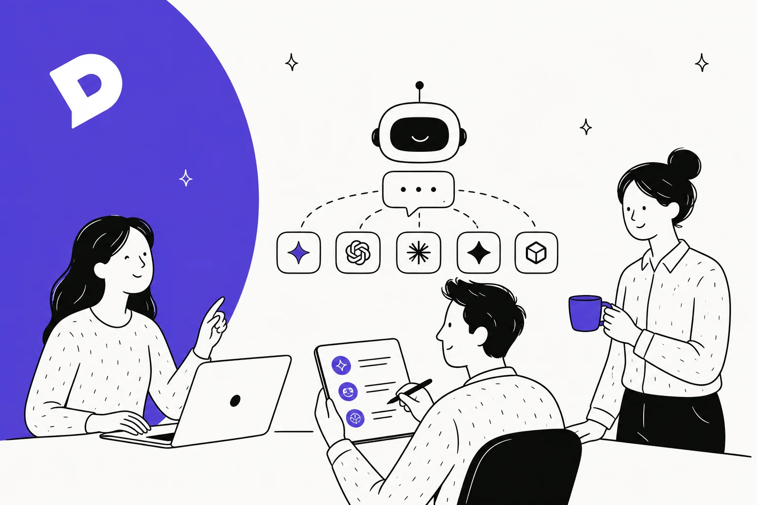 Hero illustration for a roundup of the best AI tools and agents for the Dixa helpdesk in 2026