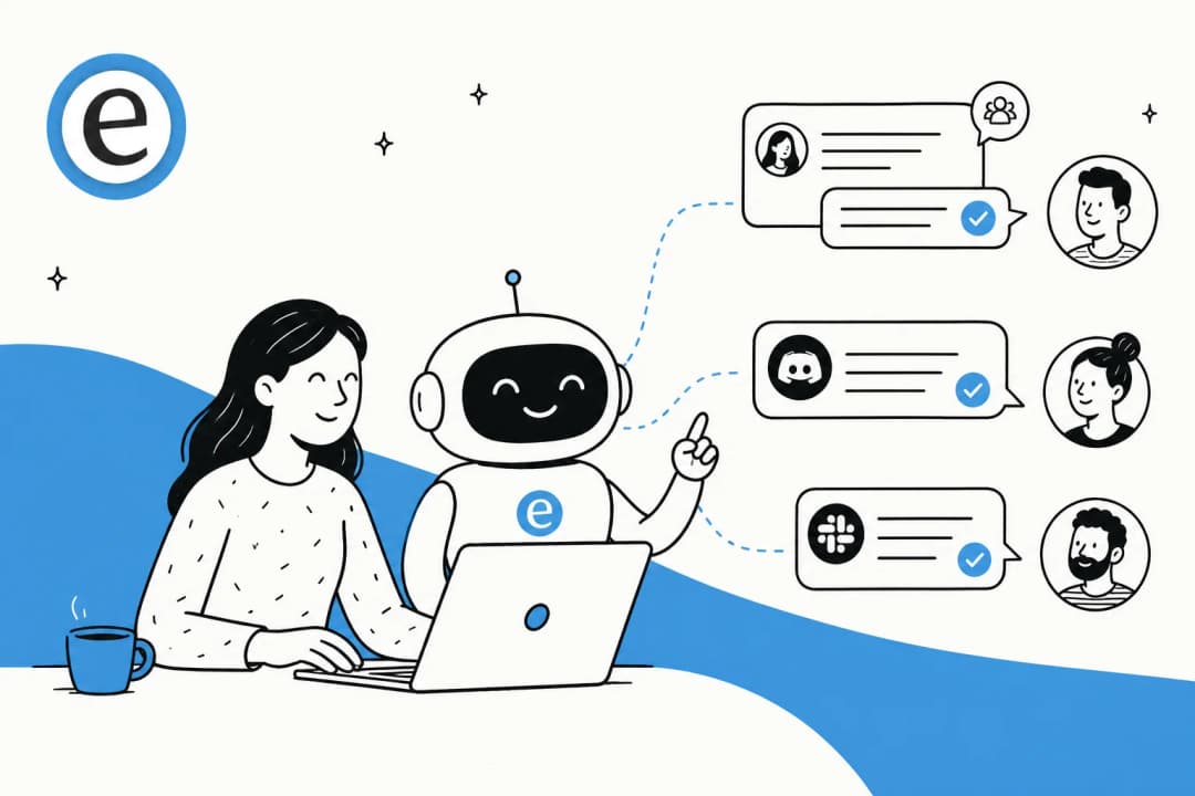 Illustration of an AI teammate answering repeated questions across forum, Discord, and Slack threads