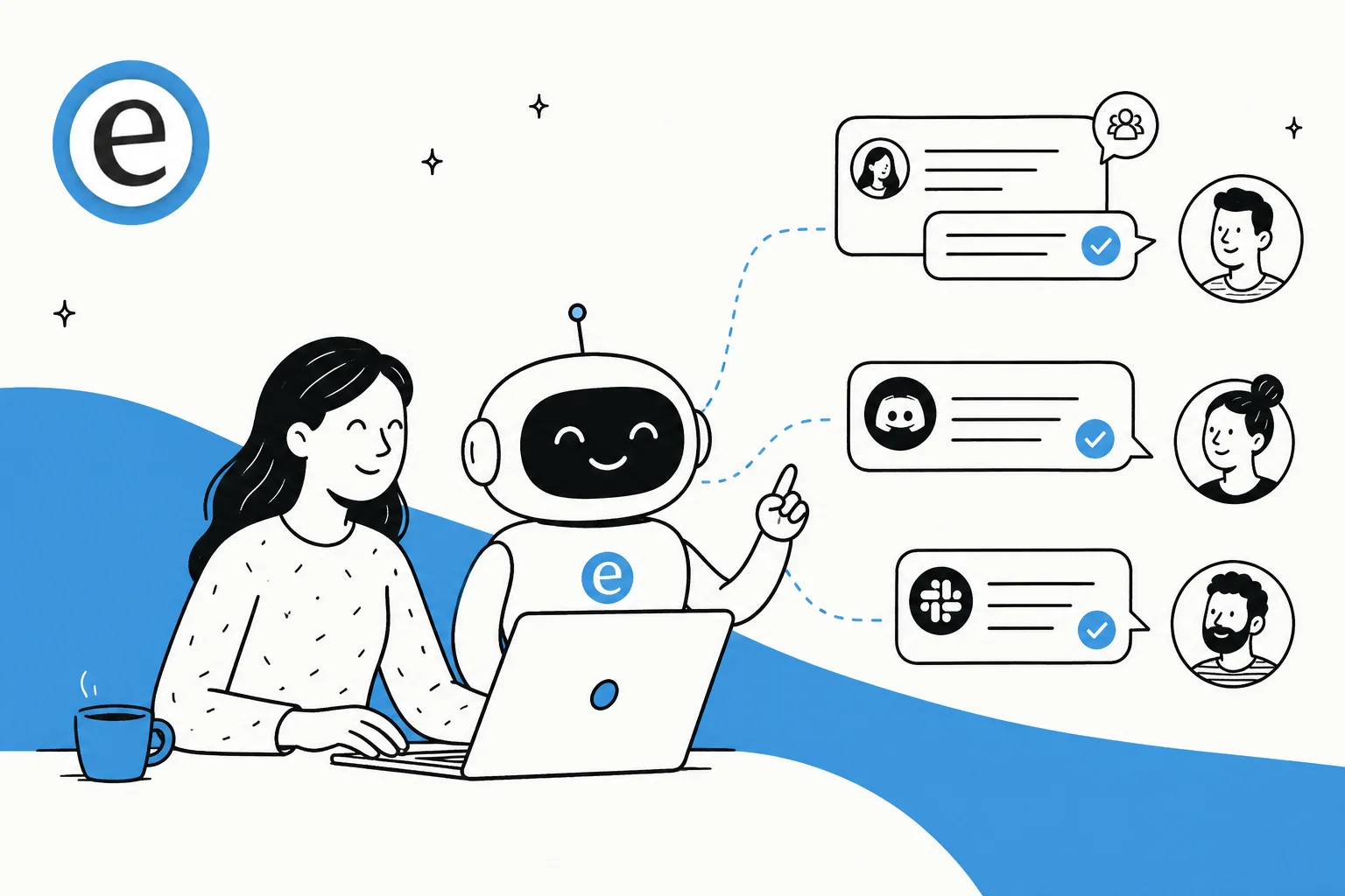 Illustration of an AI teammate answering repeated questions across forum, Discord, and Slack threads