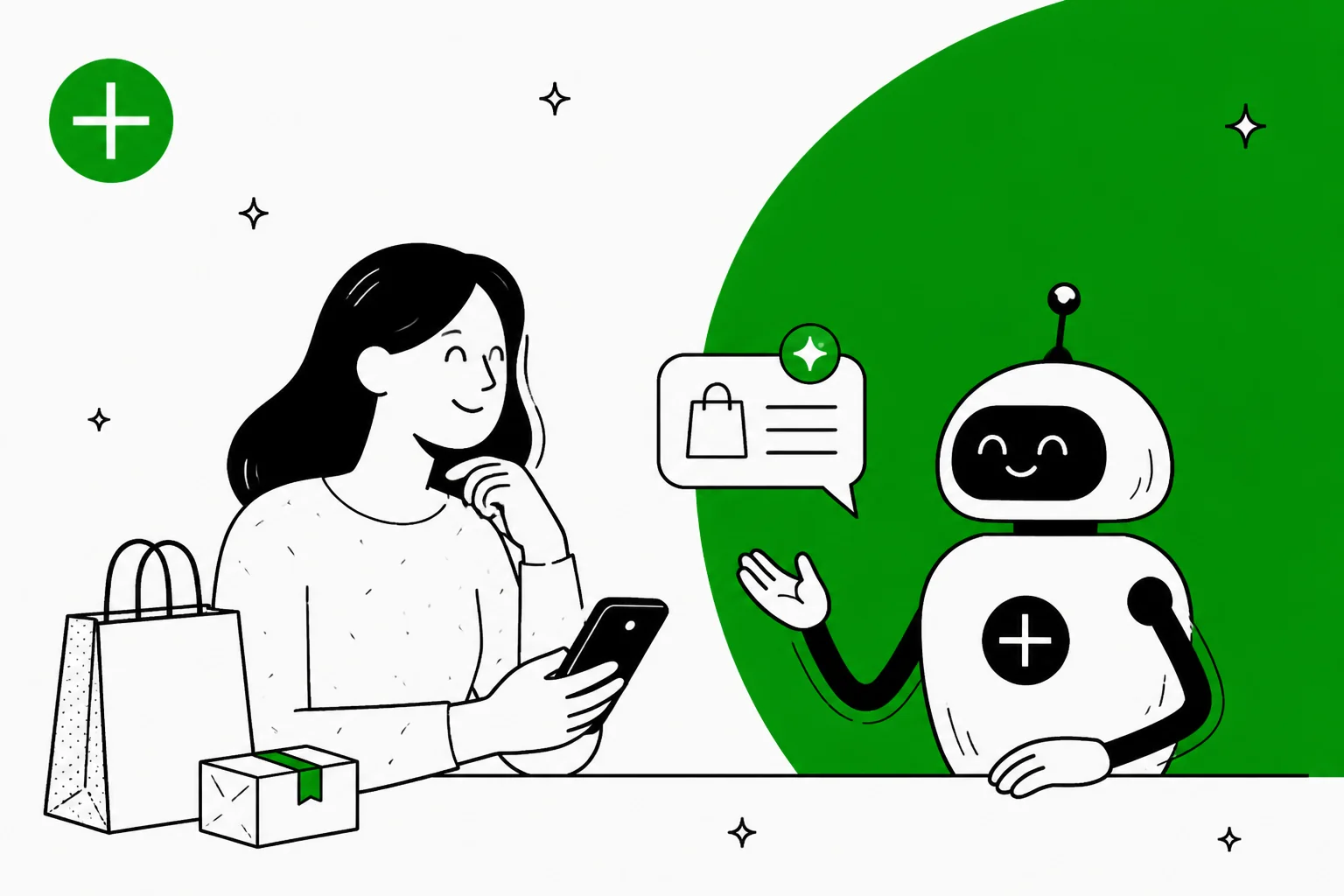 Illustration of a shopper chatting with a friendly AI customer service bot in Gladly green