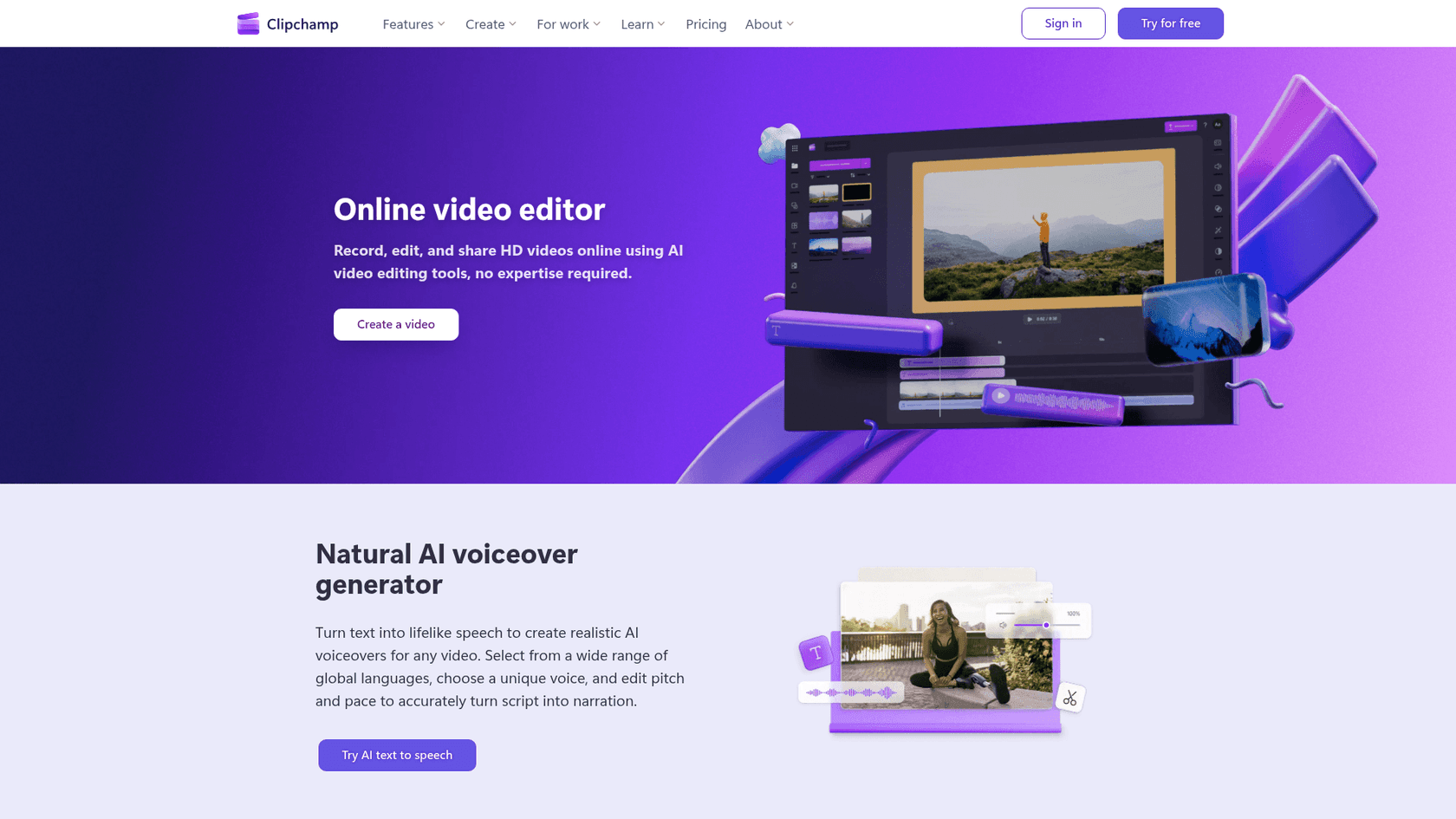 Clipchamp website homepage, as taken from Clipchamp