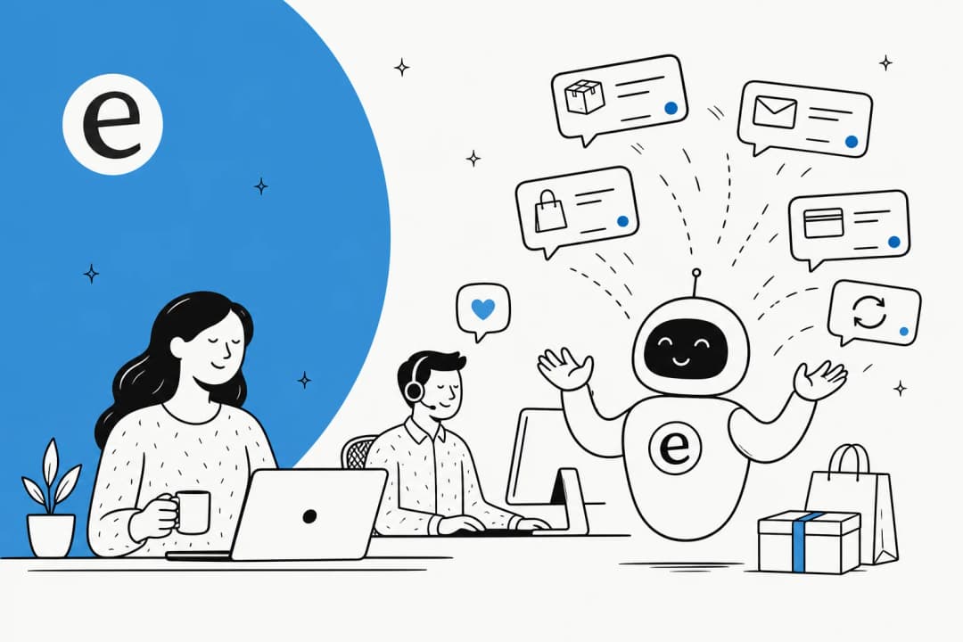 Illustration of an AI teammate absorbing a wave of Black Friday support tickets while the human team stays calm
