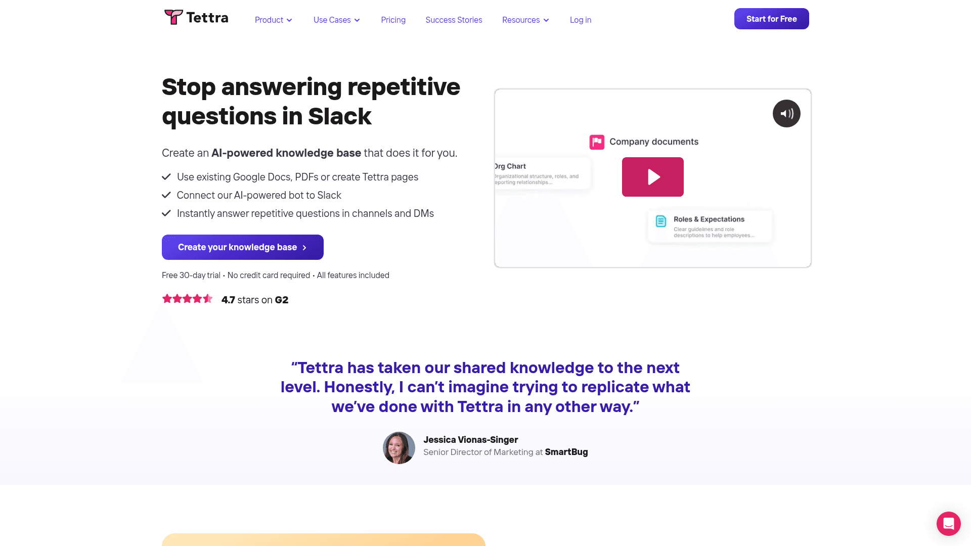 Tettra's product homepage showing the Kai AI knowledge assistant, as seen on Tettra