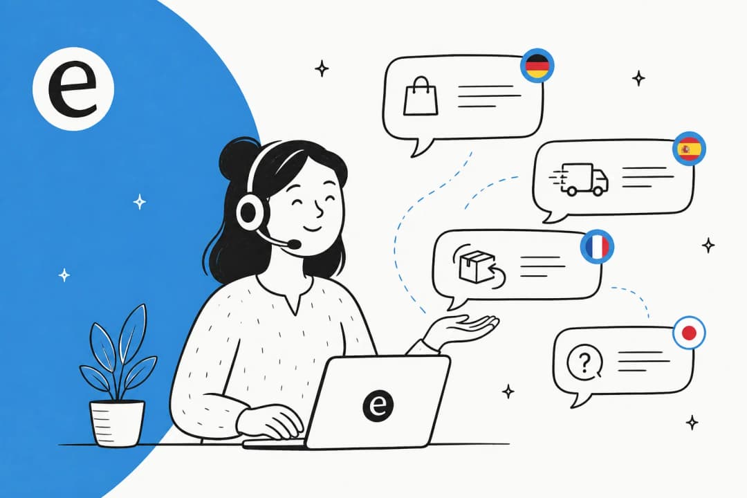 Illustrated banner showing an AI support agent answering ecommerce chat bubbles in several languages