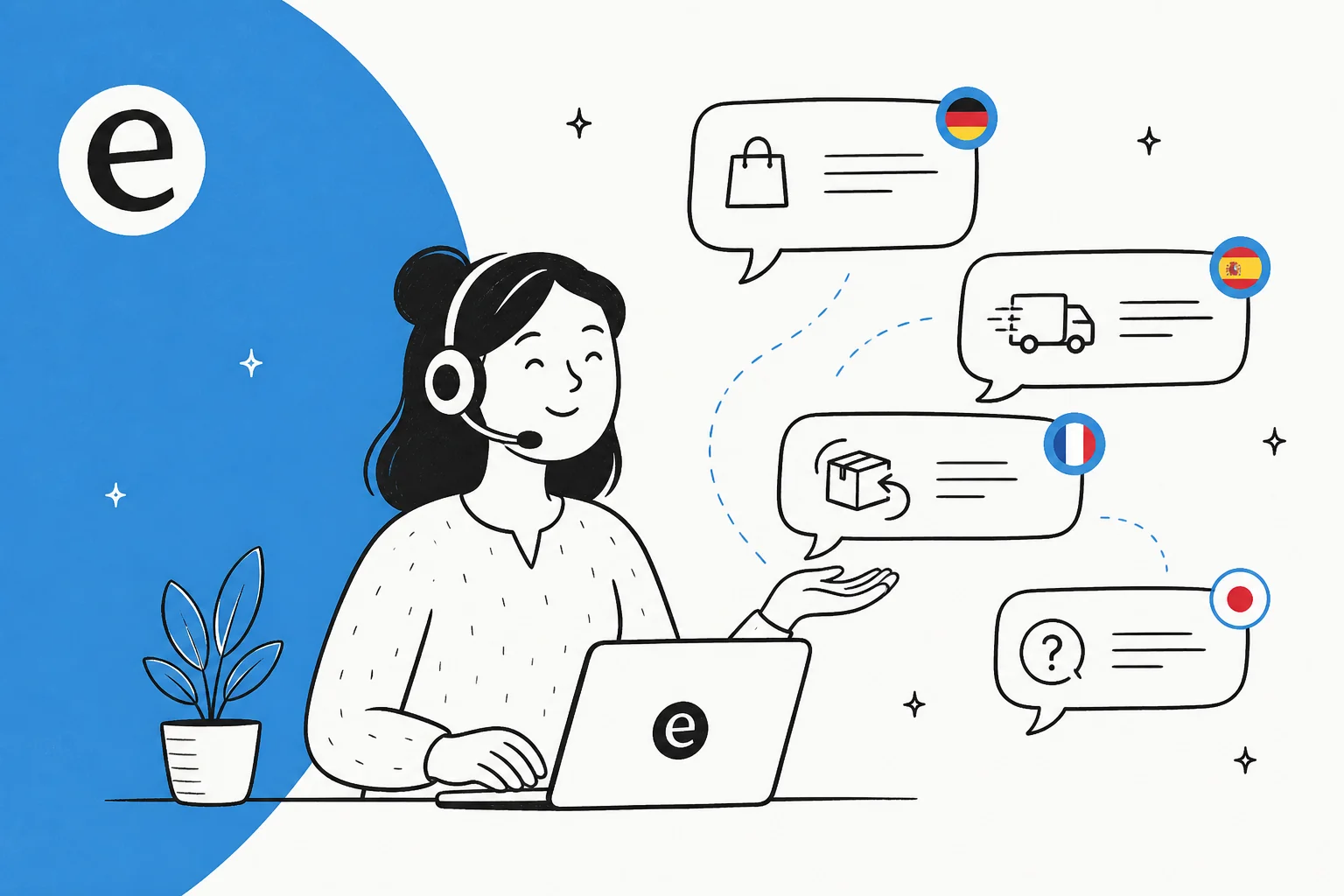 Illustrated banner showing an AI support agent answering ecommerce chat bubbles in several languages