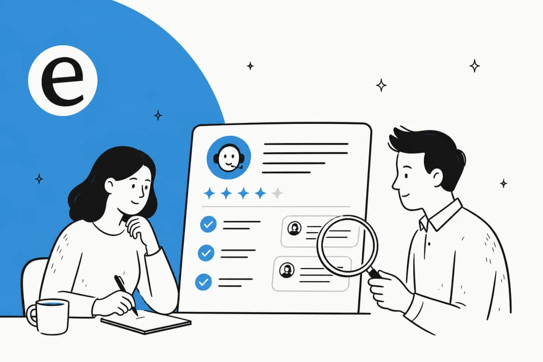 Illustration of an AI customer support quality assurance review: a scorecard and a magnifying glass over support conversations
