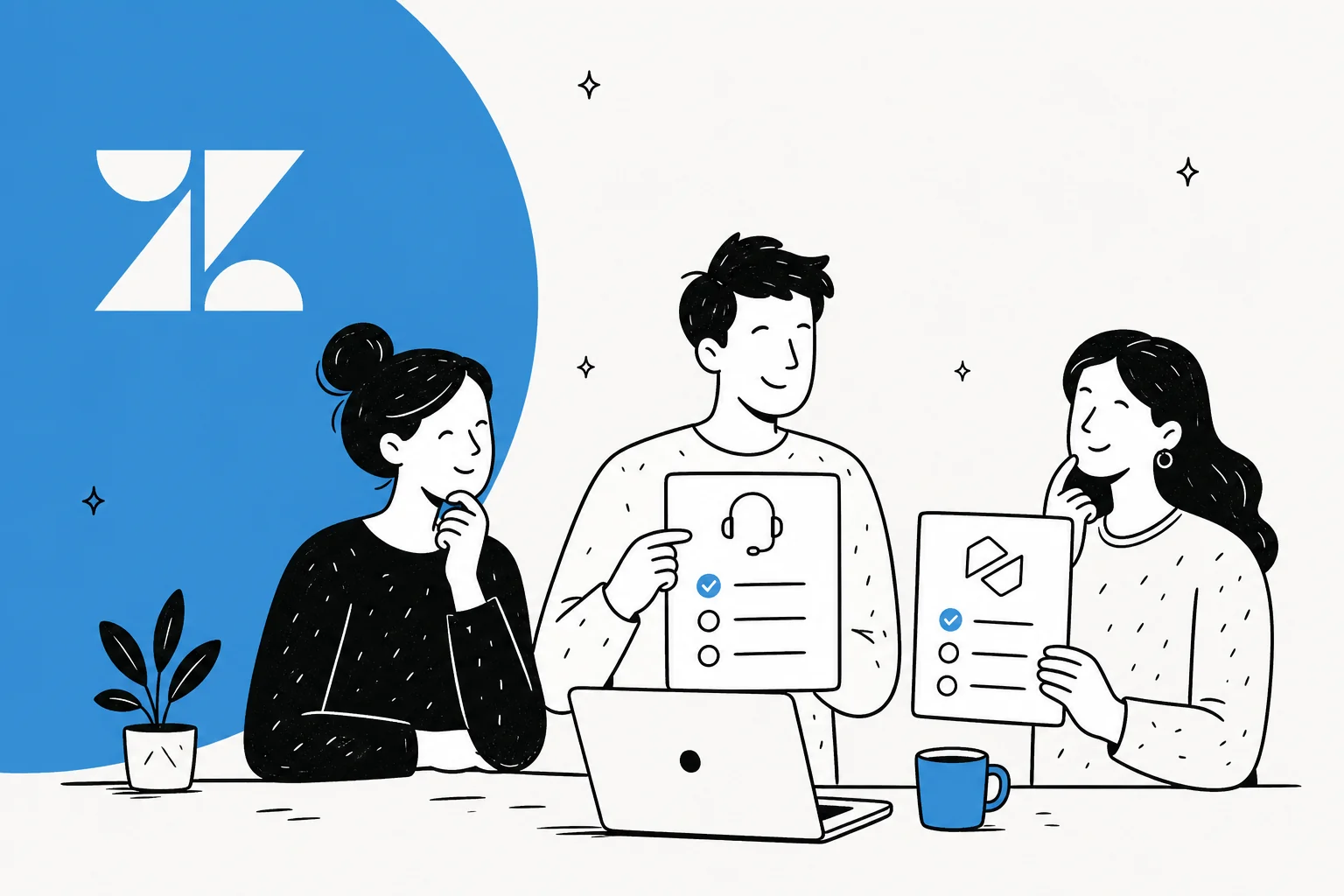 Illustration of a startup support team weighing lighter helpdesk options against Zendesk