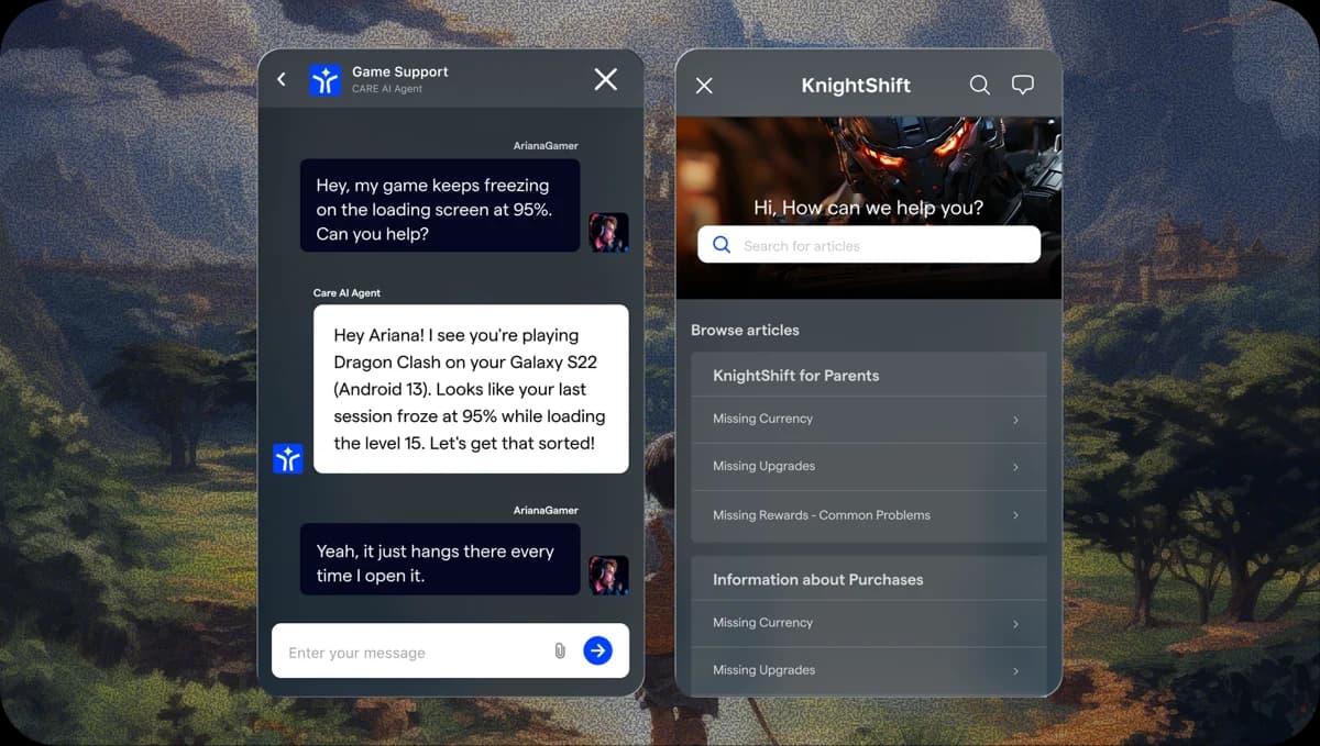 Helpshift in-game support chat widgets for a game studio, as taken from Helpshift