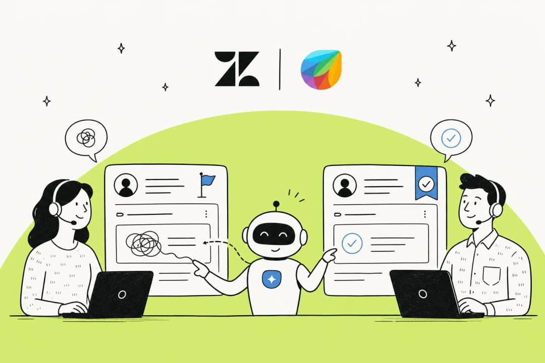 Hero illustration of Zendesk and Freshdesk helpdesk panels with an AI teammate resolving a flagged ticket between them