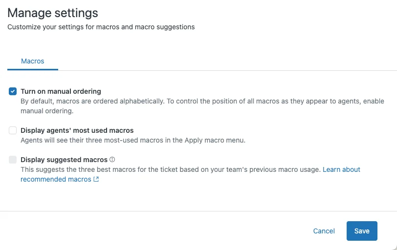 The Zendesk macro Manage settings page with toggles for manual ordering, displaying agents' most-used macros, and suggested macros, from the Zendesk Help Center