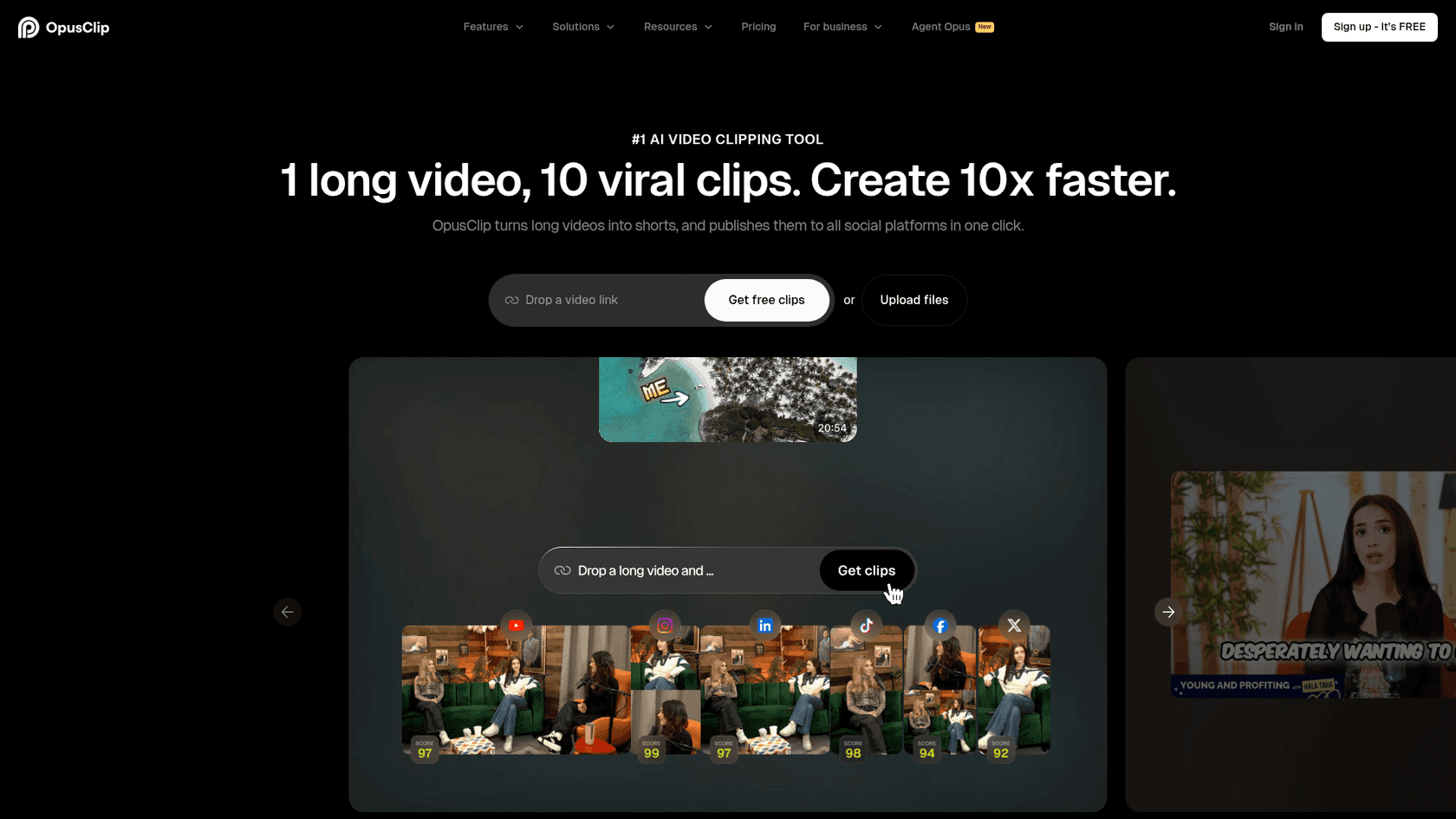 OpusClip homepage showing its long-form video repurposing tool, as taken from OpusClip