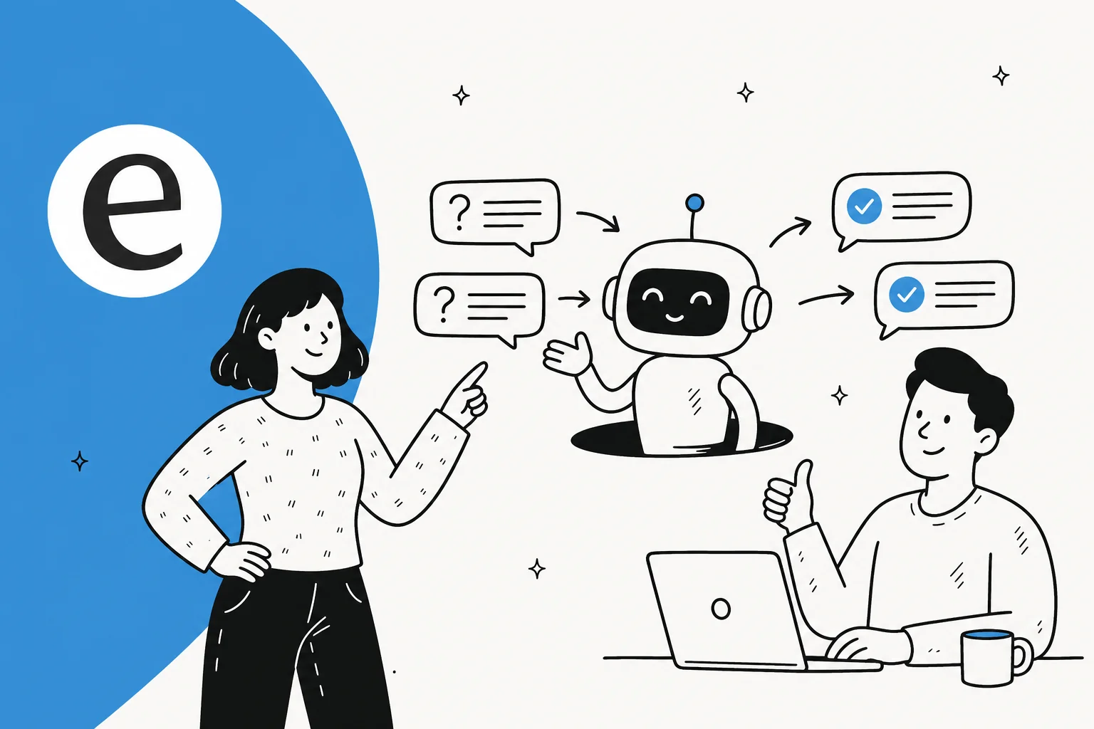 Illustration of an AI agent sorting repetitive FAQ tickets away from a support queue