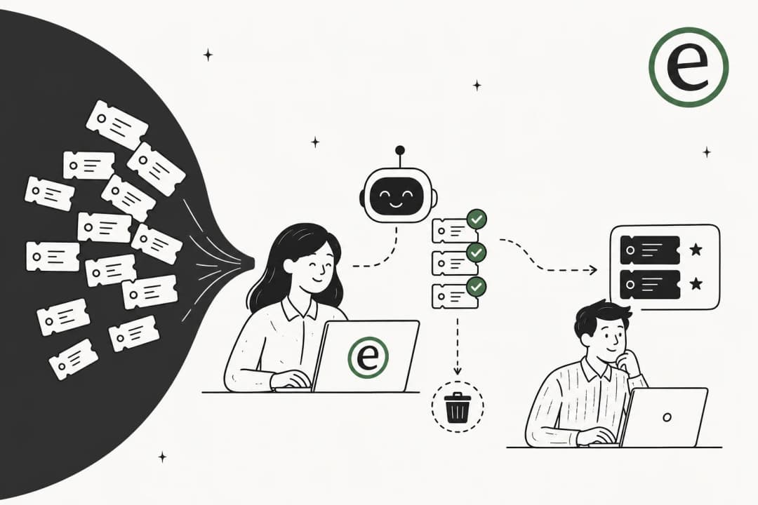 Hand-drawn editorial illustration of a busy support queue shrinking as an autonomous AI agent resolves repetitive tickets