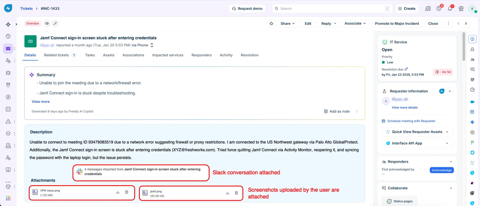Freshservice agent workspace showing incident INC-1433 with a Freddy AI Copilot summary and SLA countdown