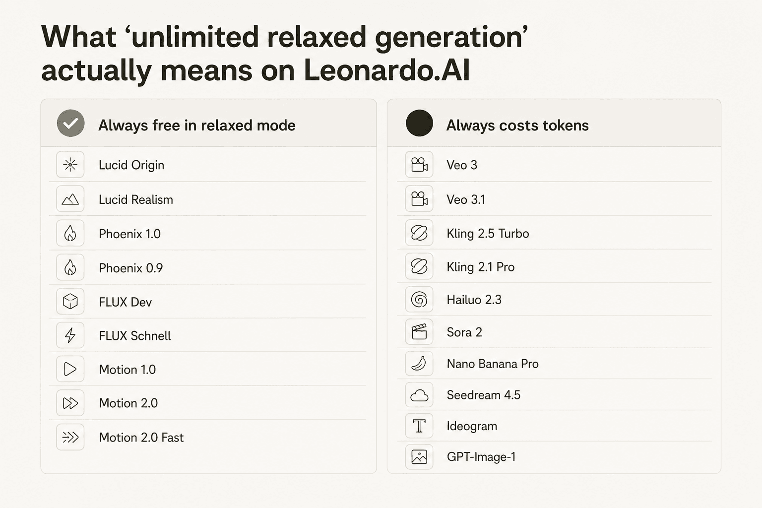 Two-column infographic comparing Leonardo.AI models that include unlimited relaxed generation (Lucid Origin, Lucid Realism, Phoenix, FLUX, Motion) versus models that always consume tokens (Veo, Kling, Hailuo, Sora, Nano Banana Pro, Seedream, Ideogram)