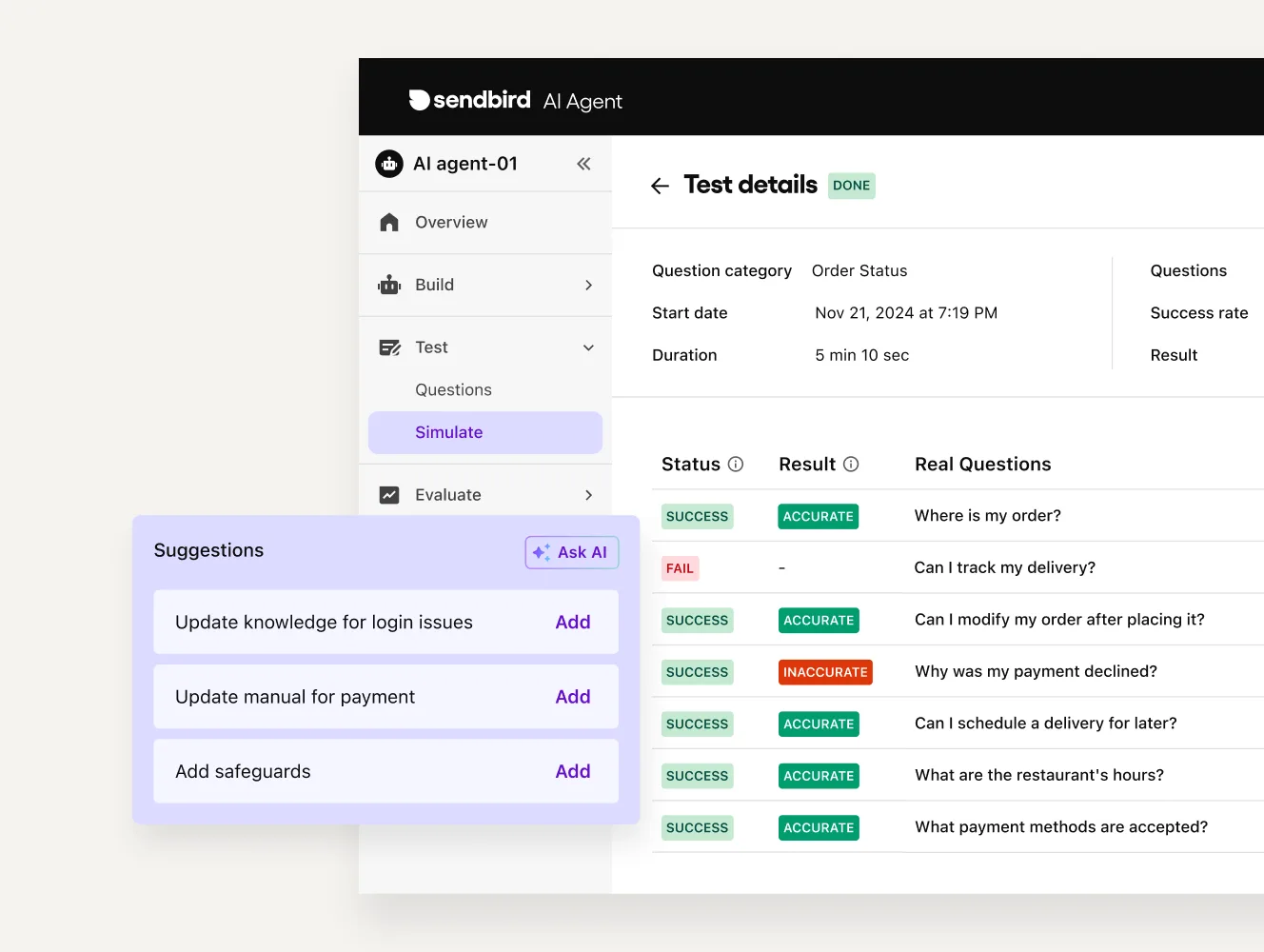 Sendbird AI agent test details screen showing simulated questions scored as success or fail and accurate or inaccurate, as taken from Sendbird