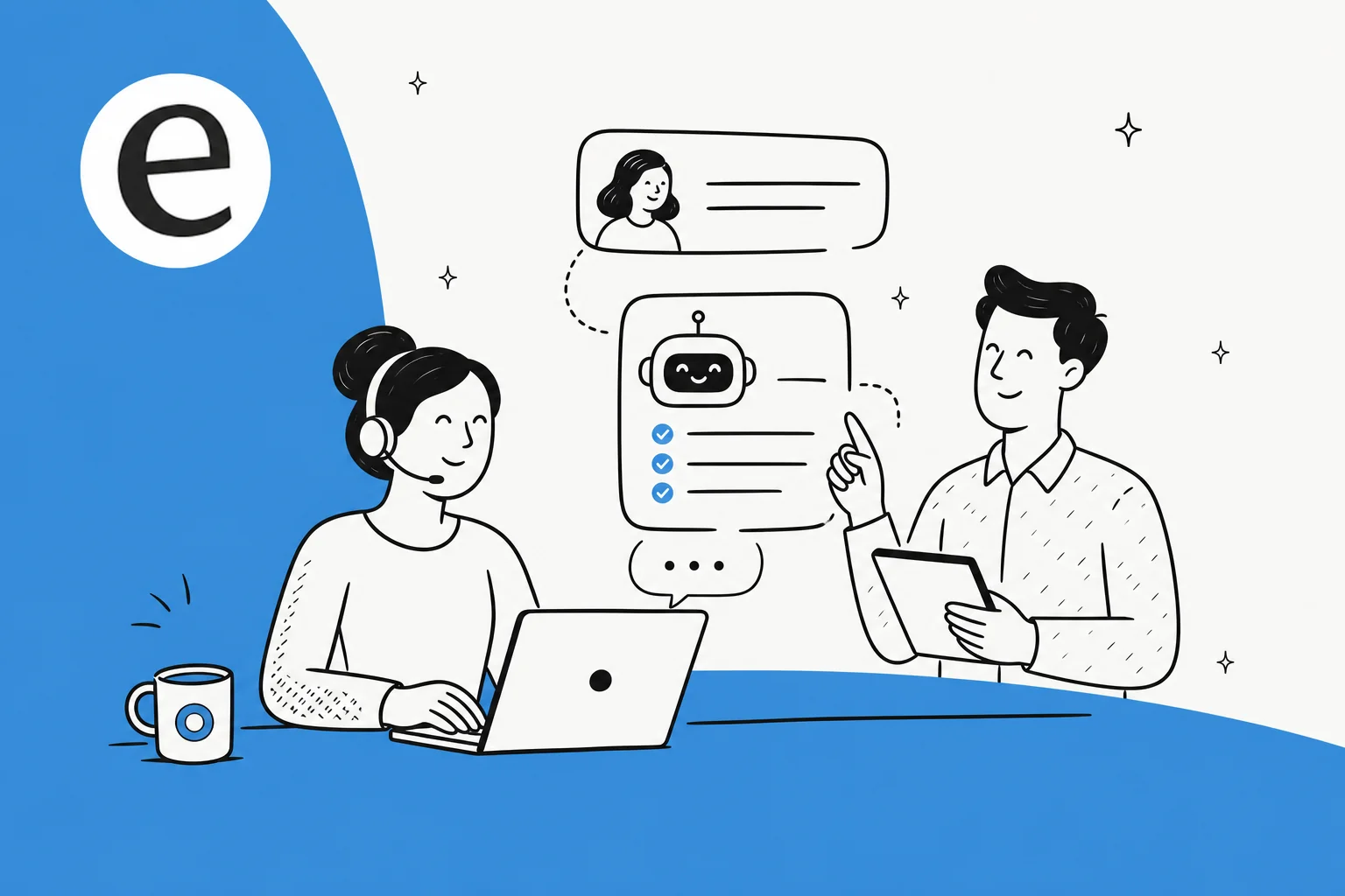 Illustration of an AI-assisted customer support dashboard with a human reviewing suggestions