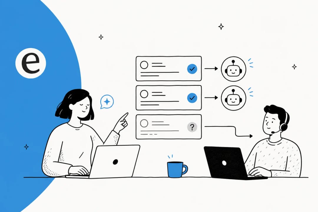 Illustration of an AI teammate triaging a support inbox, answering routine tickets and handing the hard ones to a human