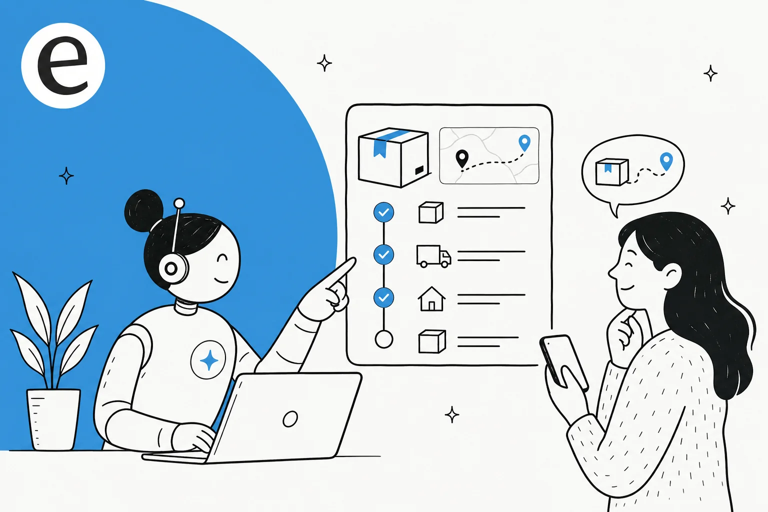 Illustration of an AI assistant looking up an order status timeline with shipping and delivery progress