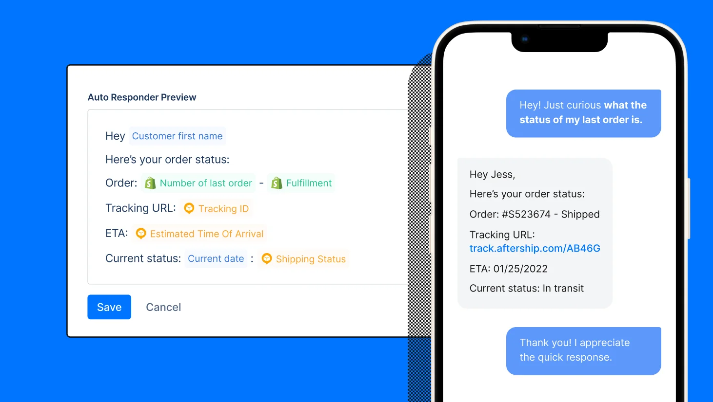A Gorgias auto-responder previewing an order-status reply built from live Shopify fields, as taken from Gorgias
