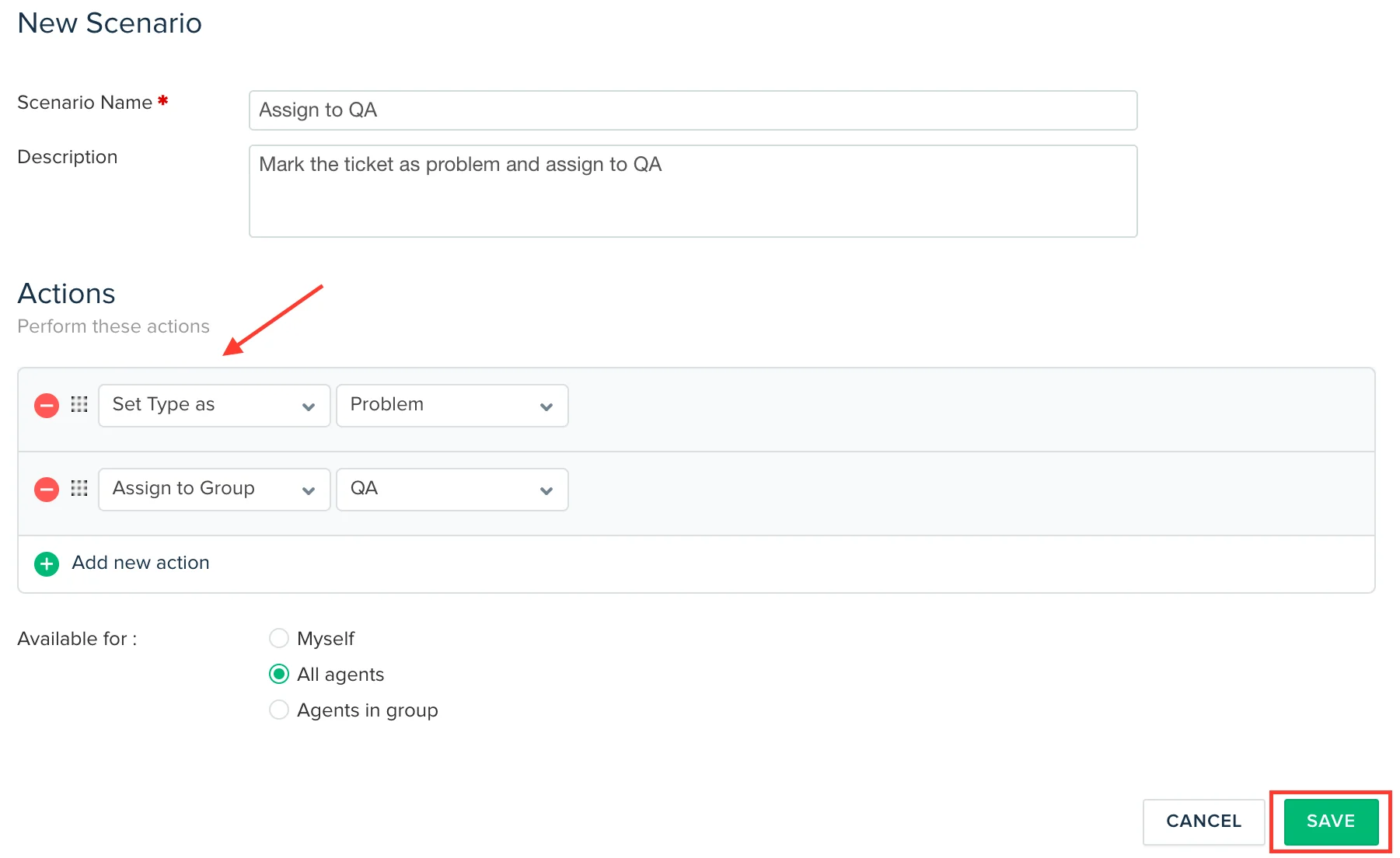 The list of actions available when building a Freshdesk scenario automation, as documented in Freshdesk's scenario guide