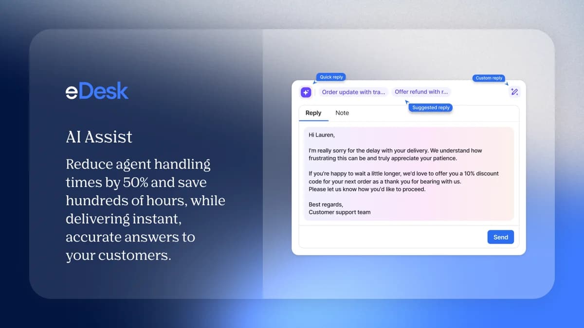 eDesk's AI Assist drafting a suggested reply with quick-reply and custom-reply options, as taken from eDesk