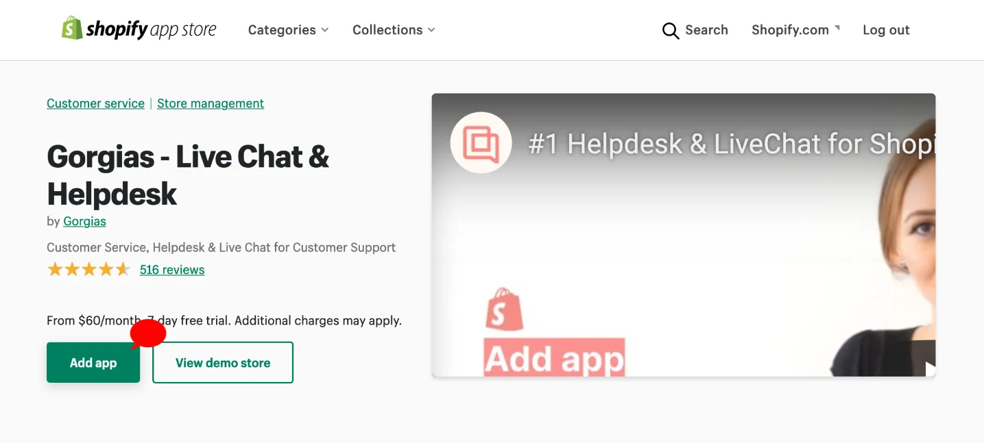 Gorgias listed as the #1 Helpdesk & LiveChat for Shopify on the Shopify App Store, with a 4.5-star rating from 516 reviews, as taken from the Shopify App Store