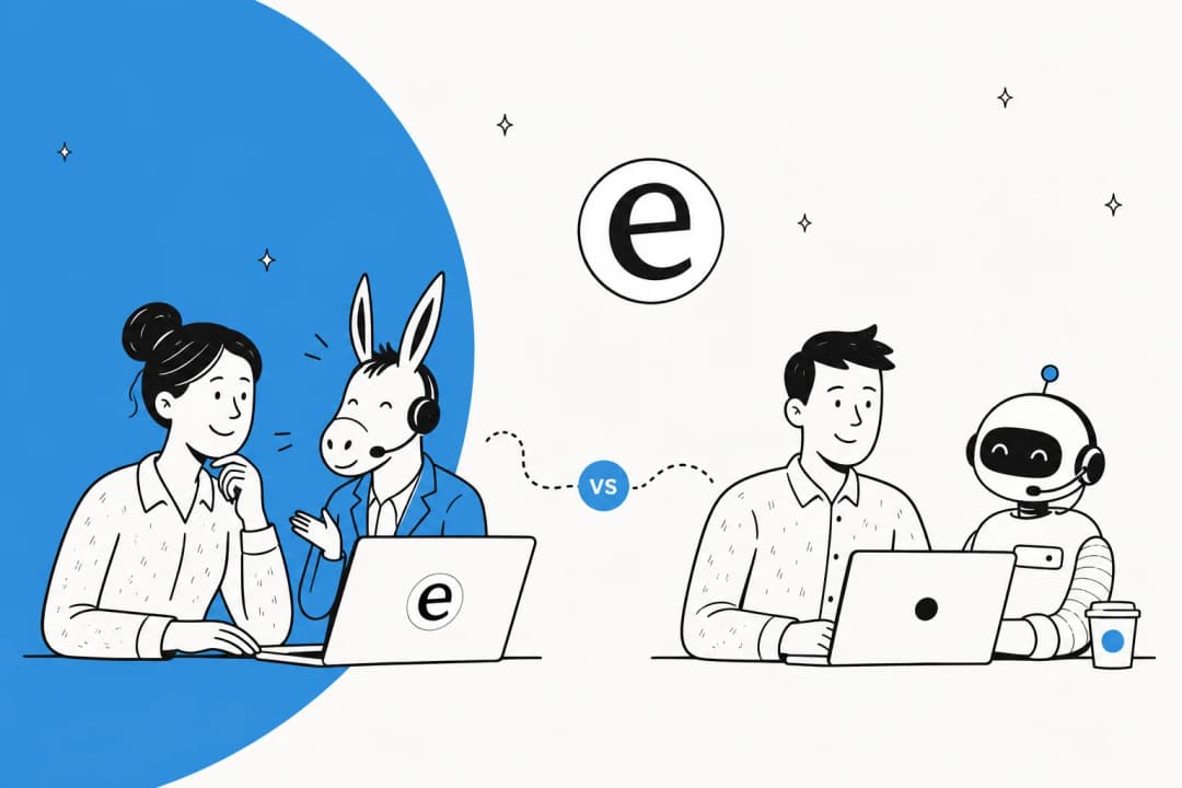 Illustration contrasting an outsourced call center with an in-house AI support setup