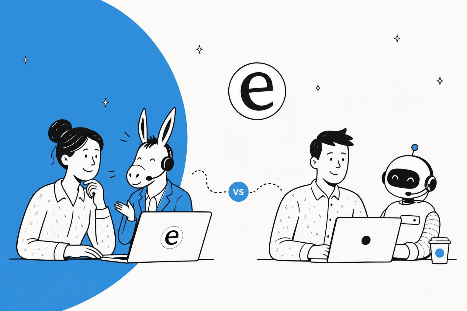 Illustration contrasting an outsourced call center with an in-house AI support setup