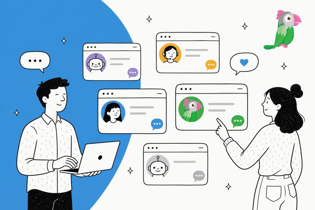 Illustration of live chat widgets and AI support agents as alternatives to Tawk.to