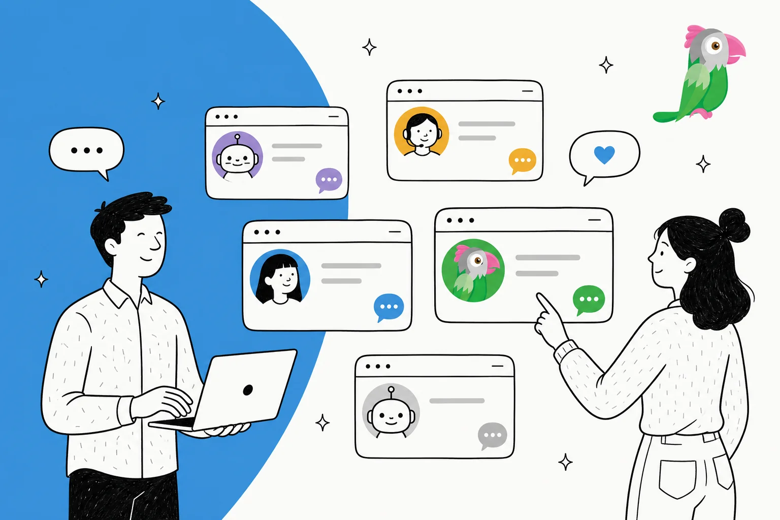Illustration of live chat widgets and AI support agents as alternatives to Tawk.to