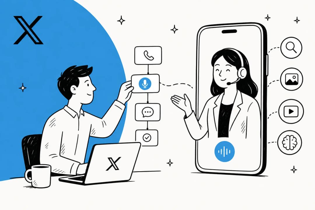Illustration of a no-code voice AI agent answering a call on xAI's Grok Voice stack