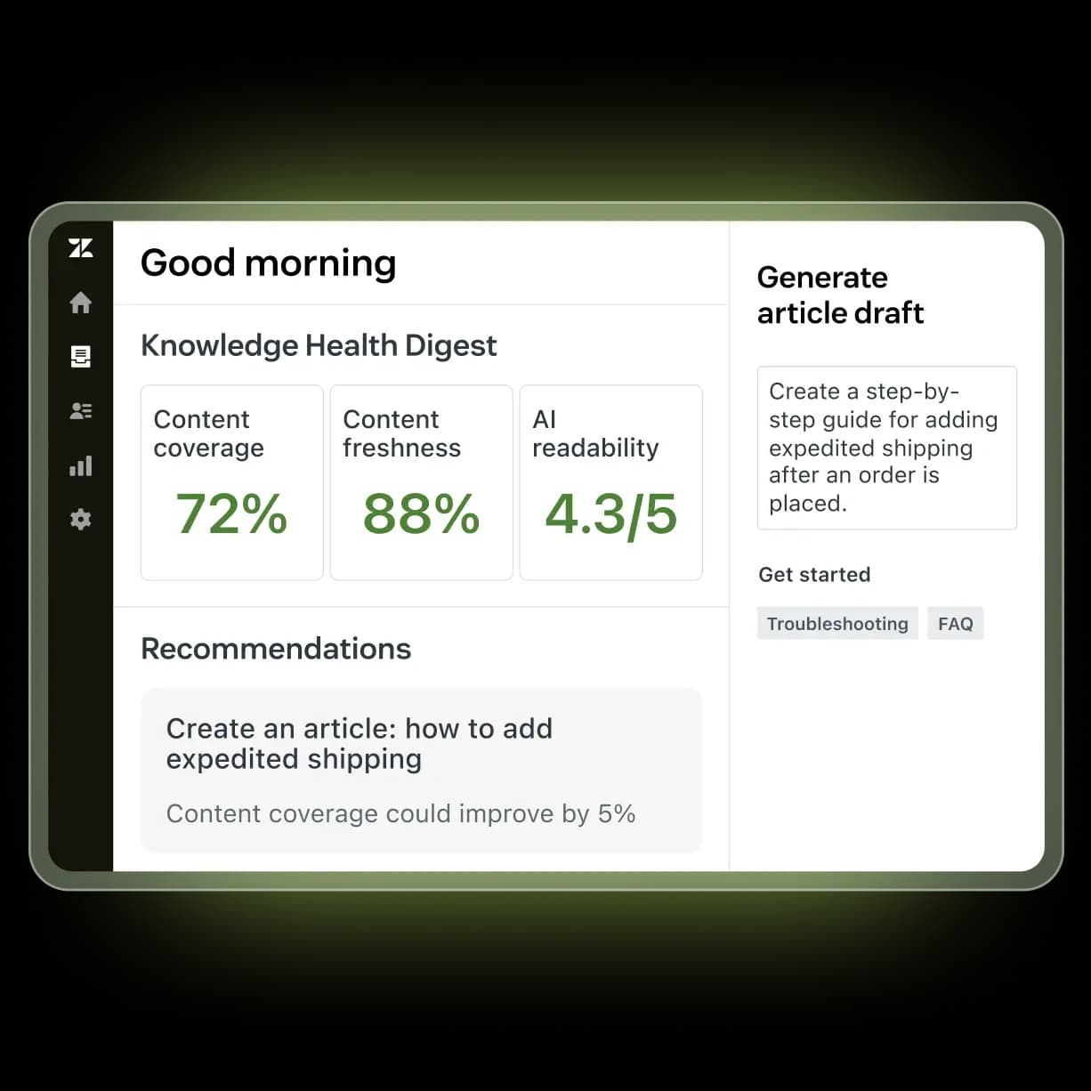 Zendesk's Knowledge Health Digest showing content coverage, freshness, and AI-readability scores with article recommendations, as taken from Zendesk