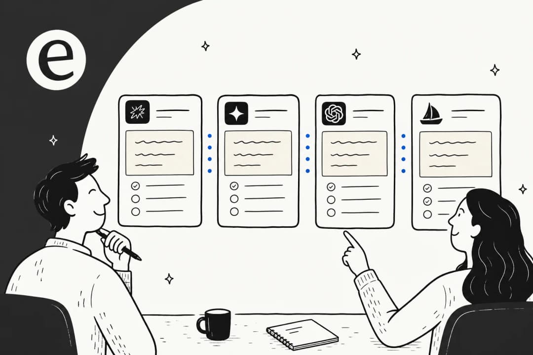 Editorial illustration of eight AI writing tool cards arranged side by side on a warm parchment surface with eesel-blue accents