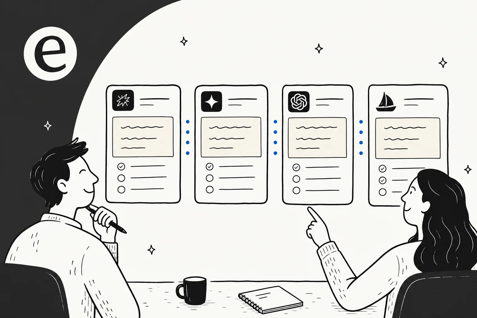 Editorial illustration of eight AI writing tool cards arranged side by side on a warm parchment surface with eesel-blue accents