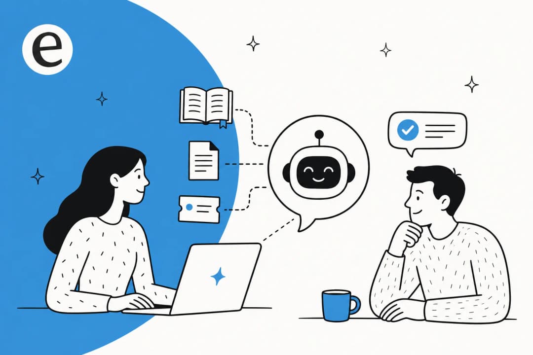 Illustration of help docs, files and tickets feeding into a chatbot that returns a verified, sourced answer