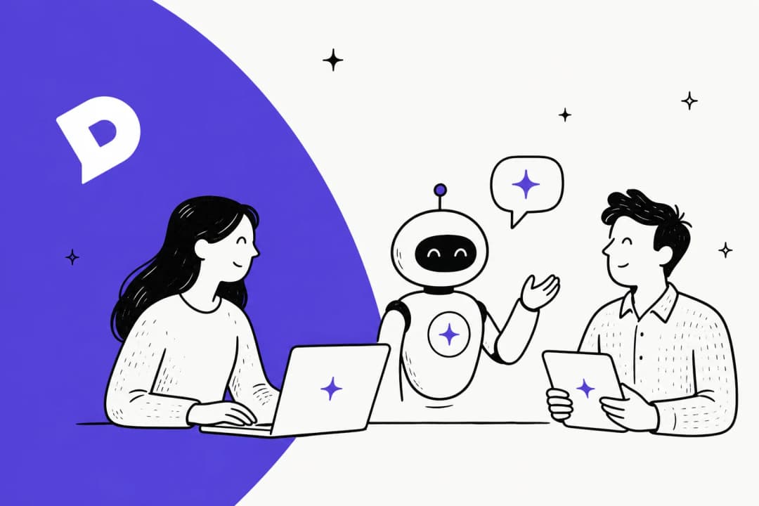 Illustration of the Dixa AI agent assisting a customer and a support rep, with the Dixa logo