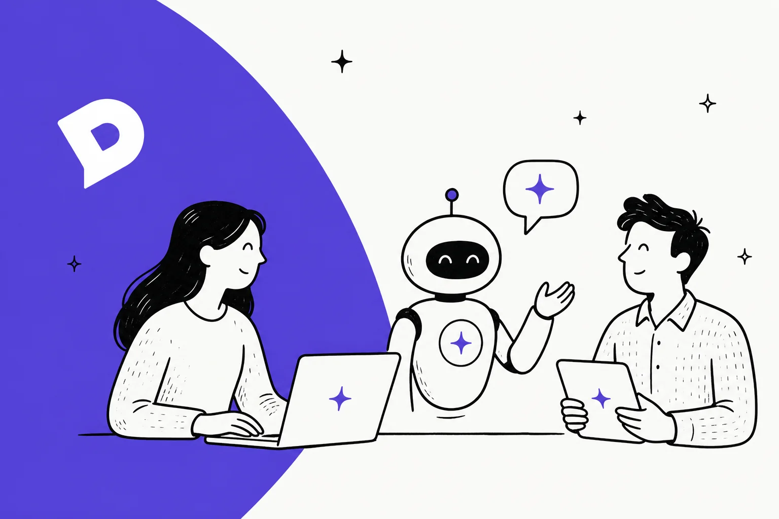 Illustration of the Dixa AI agent assisting a customer and a support rep, with the Dixa logo