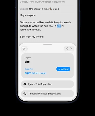 Write with Siri suggesting a proofreading fix inside an email draft, as taken from Apple