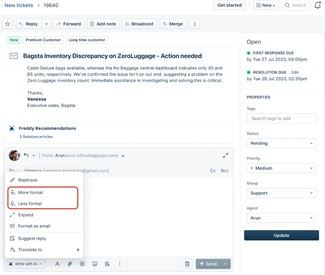 Freddy Copilot inside a Freshdesk ticket, with the Write with AI menu and a Freddy Recommendations panel surfacing solution articles, as taken from the Freshdesk support docs