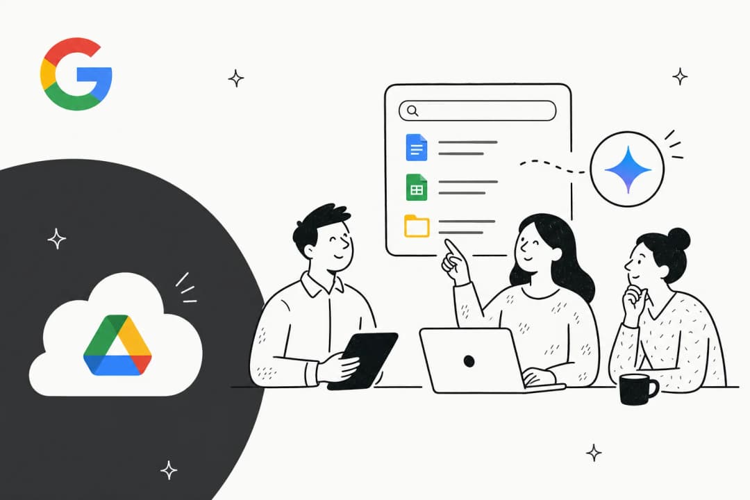 Illustration of an AI assistant reading and organising files inside cloud storage, in Google blue line art