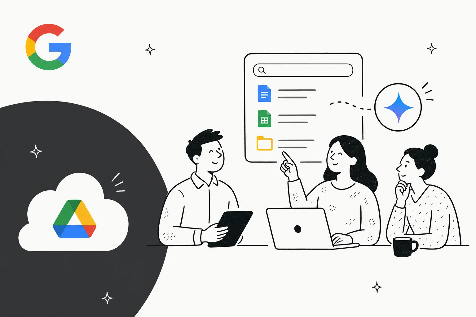 Illustration of an AI assistant reading and organising files inside cloud storage, in Google blue line art